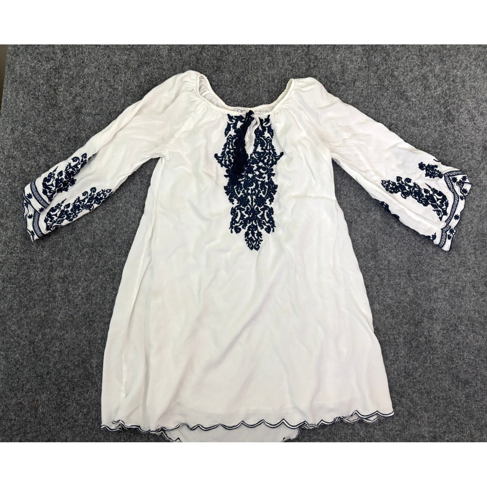 Chic Connection White Boho Tunic Dress Small Blue Embroidered Peasant 3/4 Sleeve